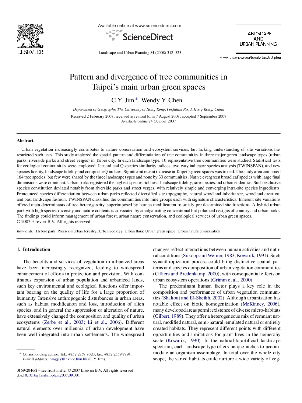 Pattern and divergence of tree communities in Taipei's main urban green spaces