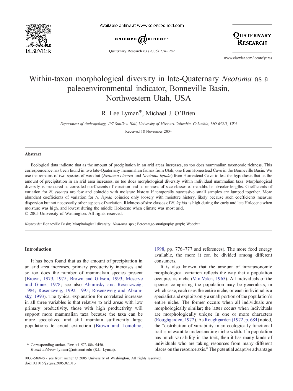 Within-taxon morphological diversity in late-Quaternary Neotoma as a paleoenvironmental indicator, Bonneville Basin, Northwestern Utah, USA