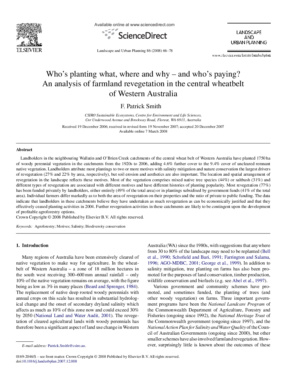 Who's planting what, where and why – and who's paying?: An analysis of farmland revegetation in the central wheatbelt of Western Australia