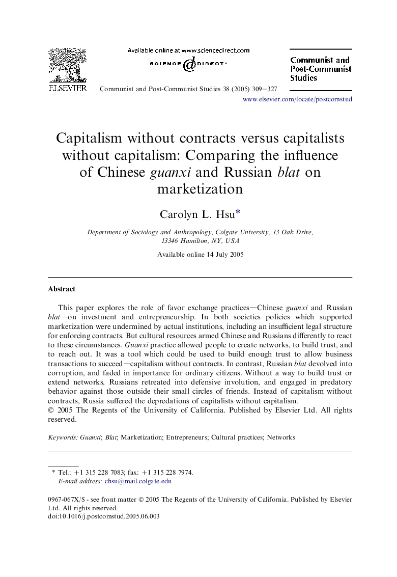 Capitalism without contracts versus capitalists without capitalism: Comparing the influence of Chinese guanxi and Russian blat on marketization