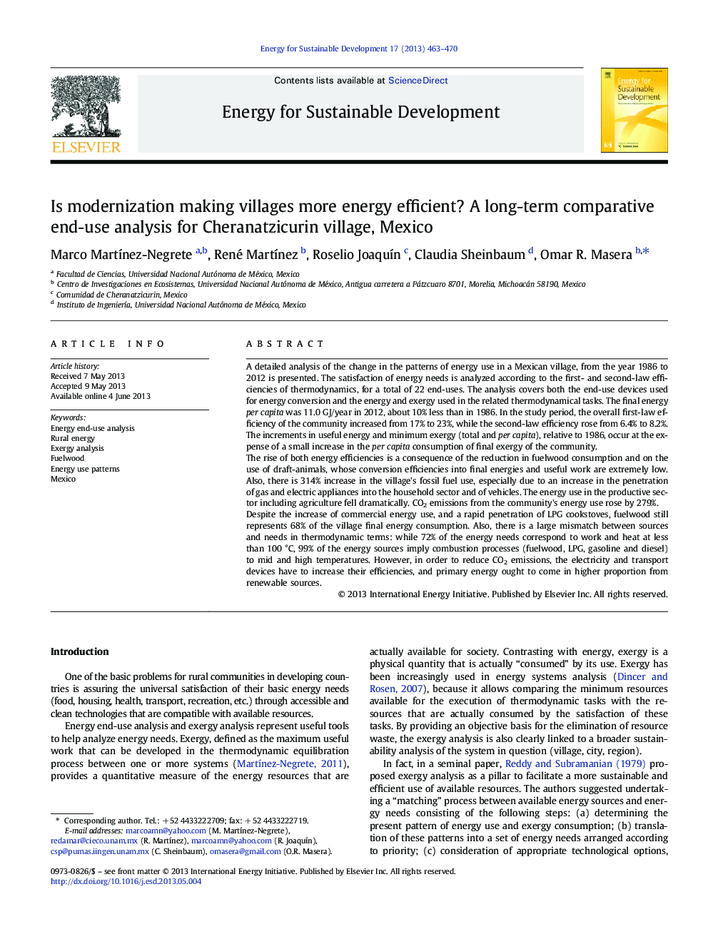 Is modernization making villages more energy efficient? A long-term comparative end-use analysis for Cheranatzicurin village, Mexico