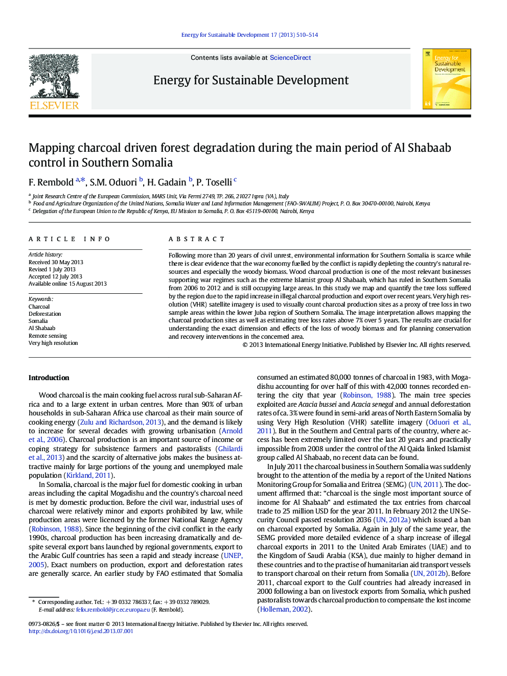 Mapping charcoal driven forest degradation during the main period of Al Shabaab control in Southern Somalia