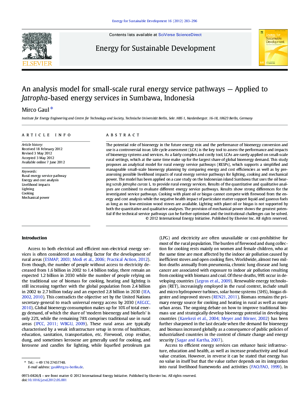 An analysis model for small-scale rural energy service pathways - Applied to Jatropha-based energy services in Sumbawa, Indonesia