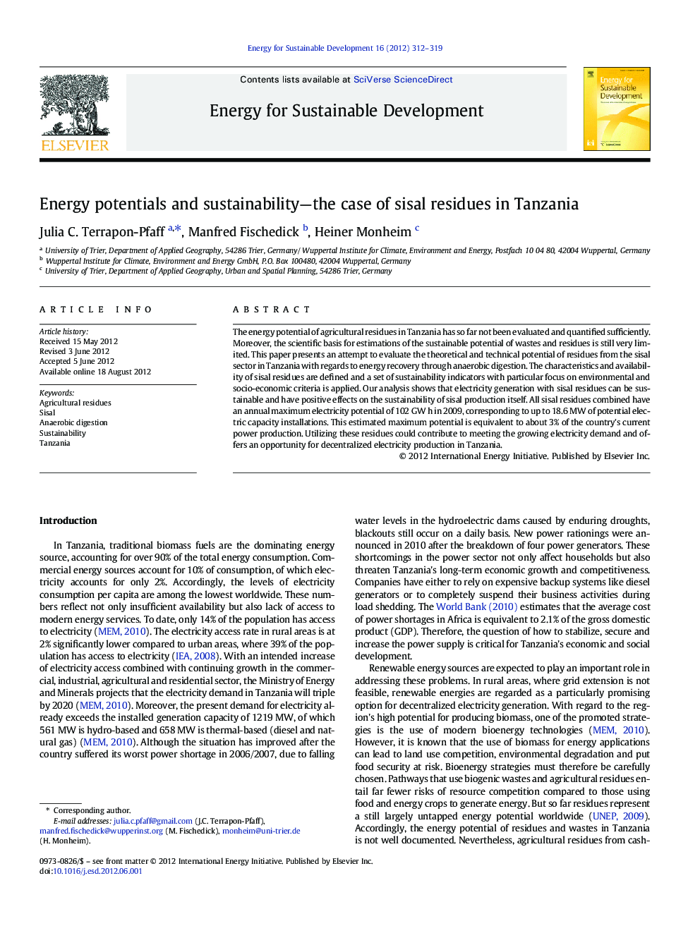 Energy potentials and sustainability-the case of sisal residues in Tanzania