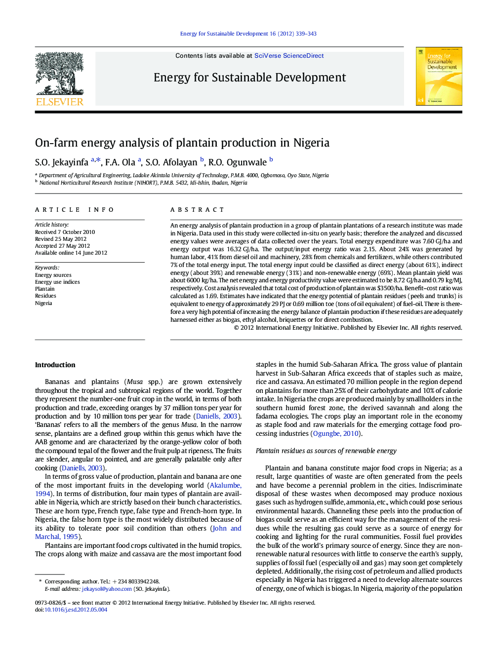 On-farm energy analysis of plantain production in Nigeria