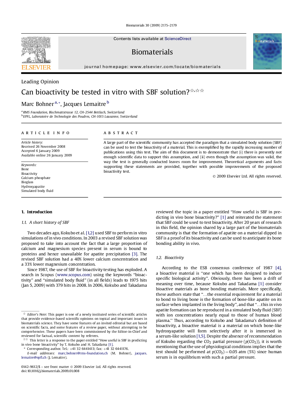 Can bioactivity be tested in vitro with SBF solution? 