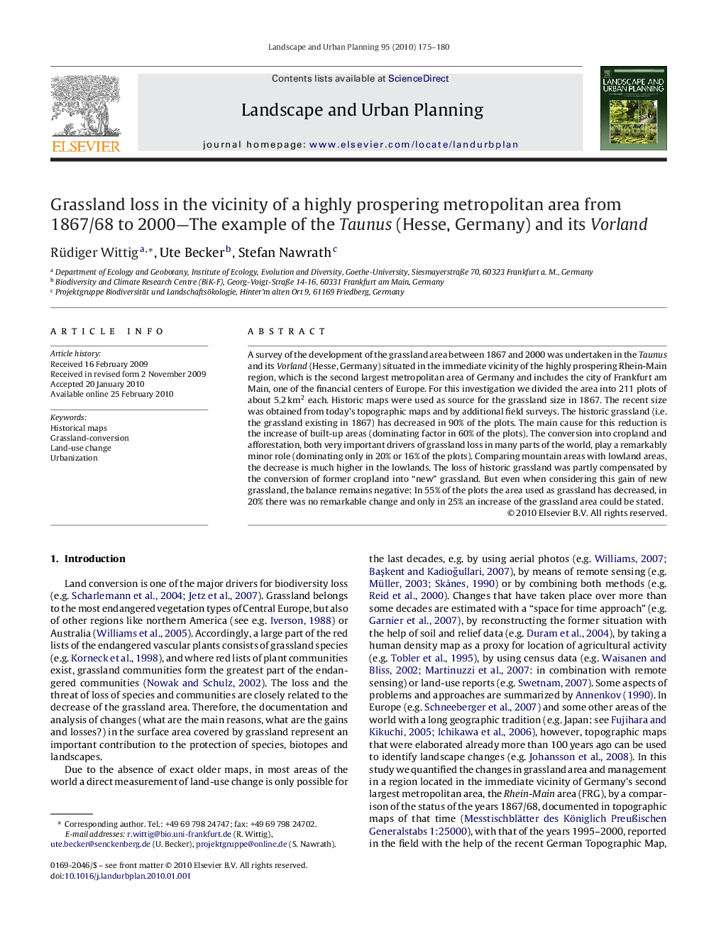 Grassland loss in the vicinity of a highly prospering metropolitan area from 1867/68 to 2000-The example of the Taunus (Hesse, Germany) and its Vorland