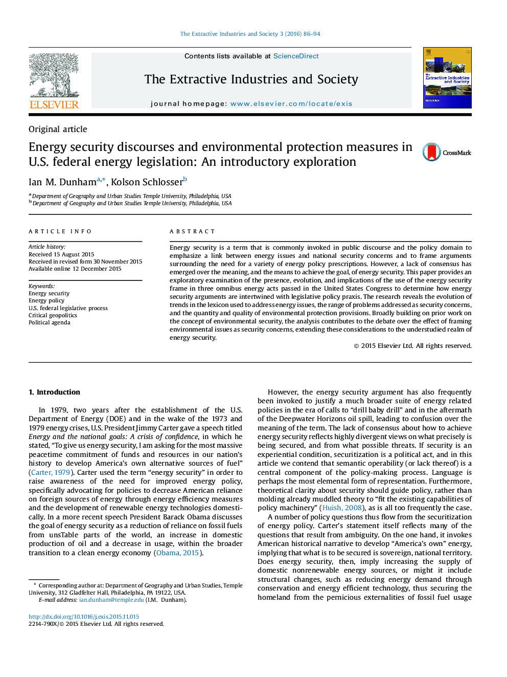 Energy security discourses and environmental protection measures in U.S. federal energy legislation: An introductory exploration