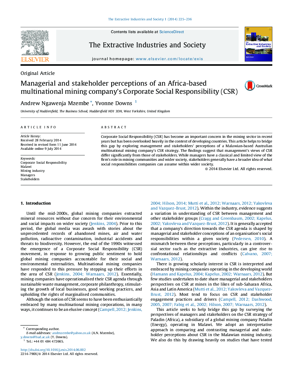 Managerial and stakeholder perceptions of an Africa-based multinational mining company's Corporate Social Responsibility (CSR)