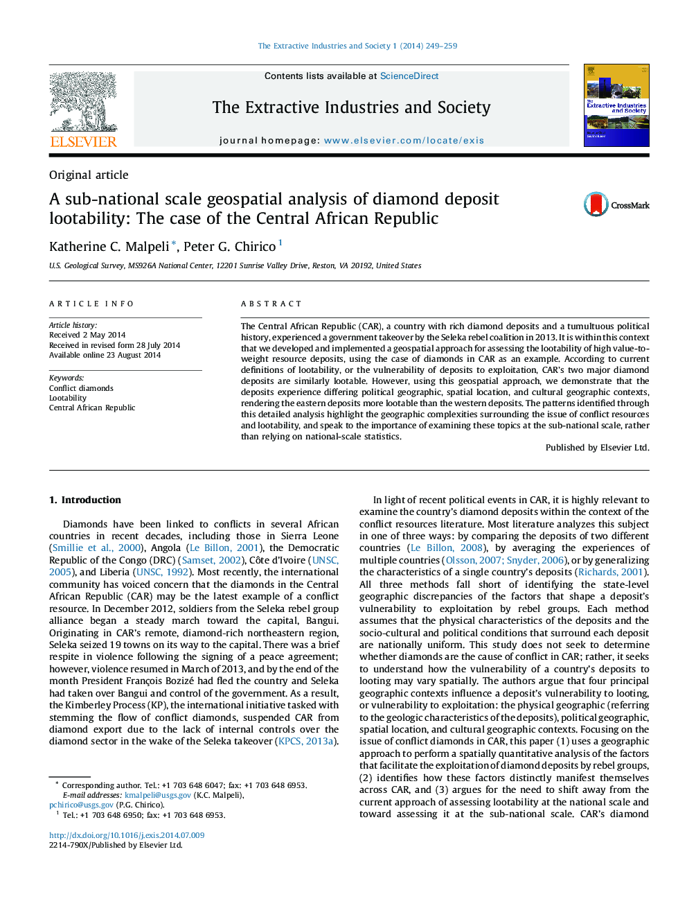 A sub-national scale geospatial analysis of diamond deposit lootability: The case of the Central African Republic