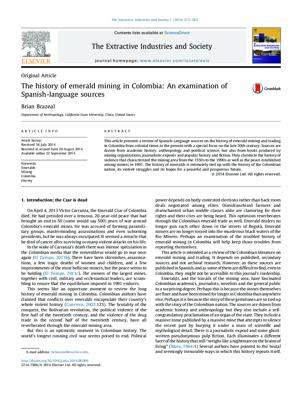 The history of emerald mining in Colombia: An examination of Spanish-language sources