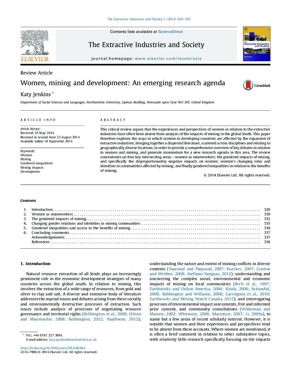 Women, mining and development: An emerging research agenda