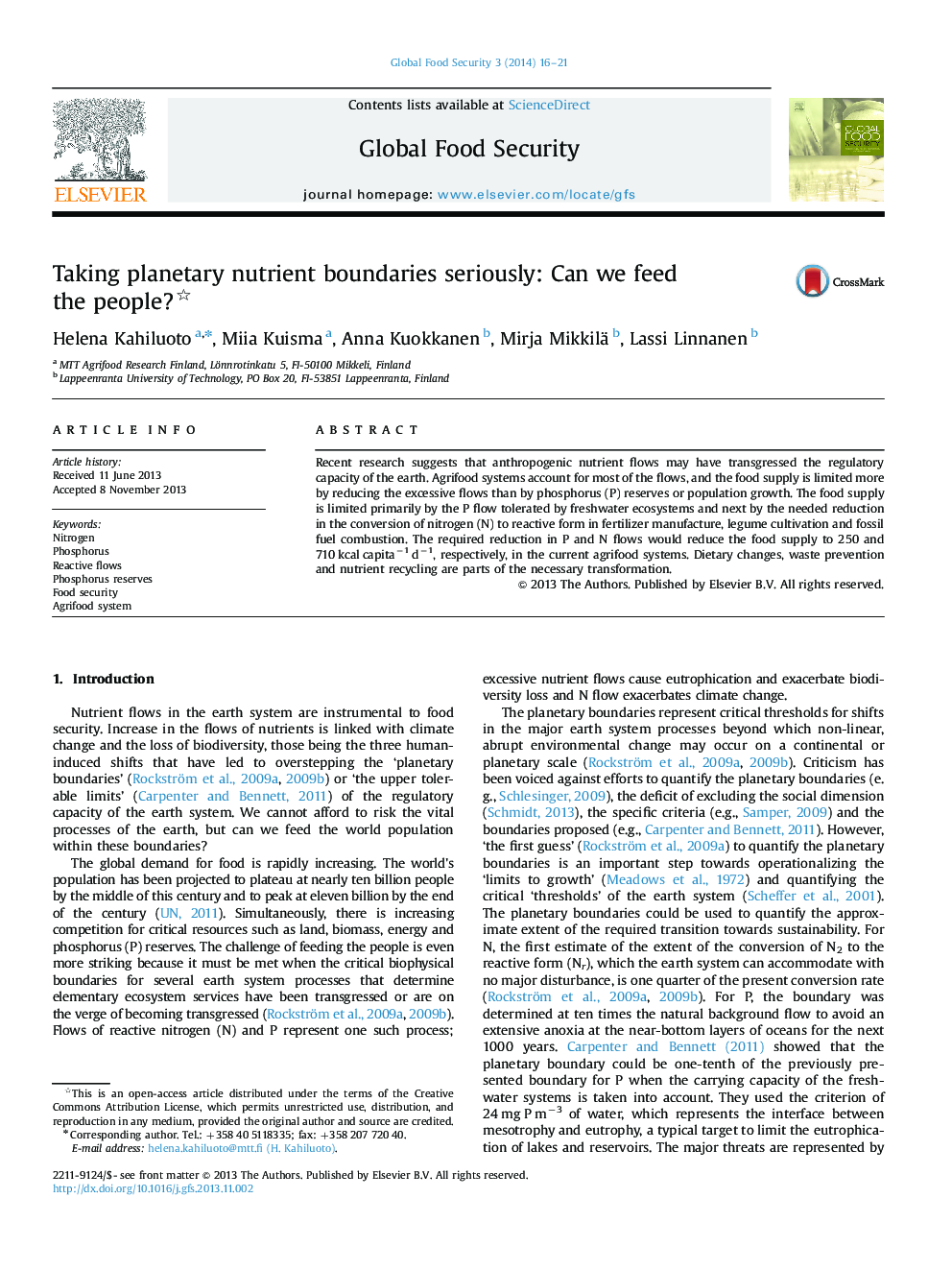 Taking planetary nutrient boundaries seriously: Can we feed the people?