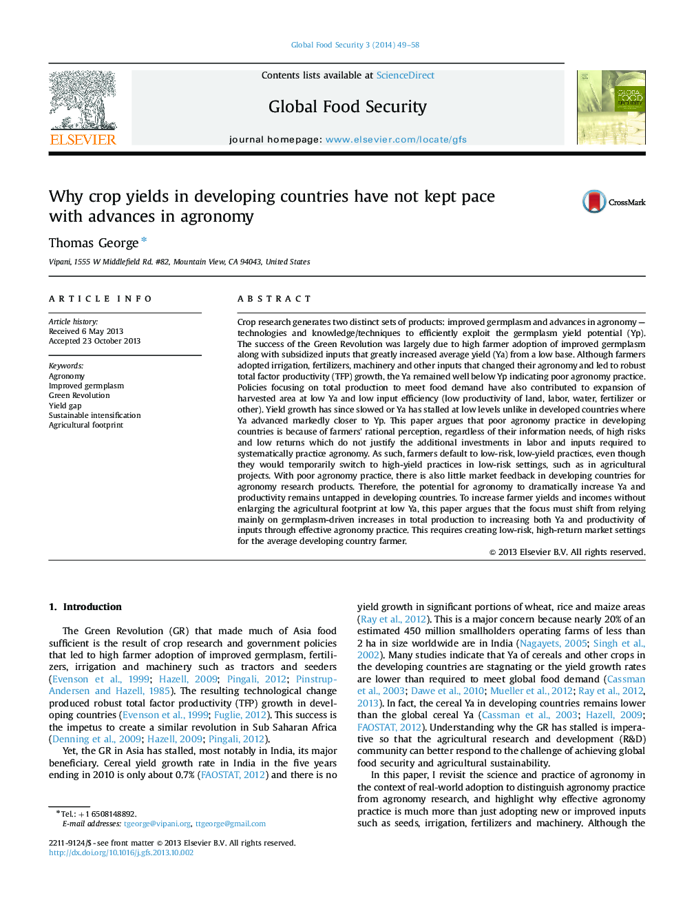 Why crop yields in developing countries have not kept pace with advances in agronomy