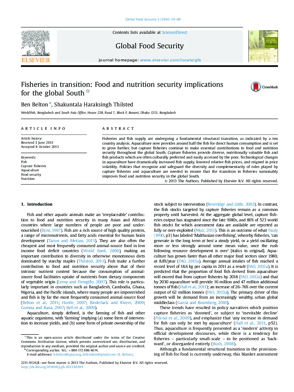 Fisheries in transition: Food and nutrition security implications for the global South