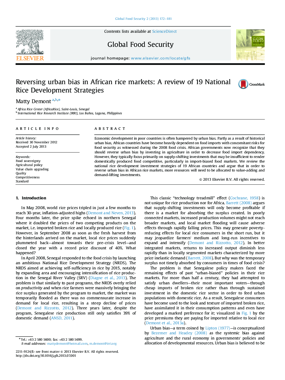 Reversing urban bias in African rice markets: A review of 19 National Rice Development Strategies