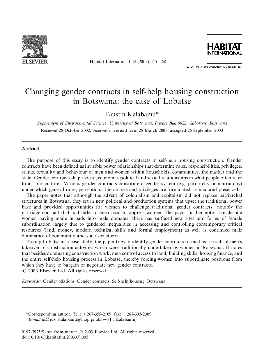 Changing gender contracts in self-help housing construction in Botswana: the case of Lobatse