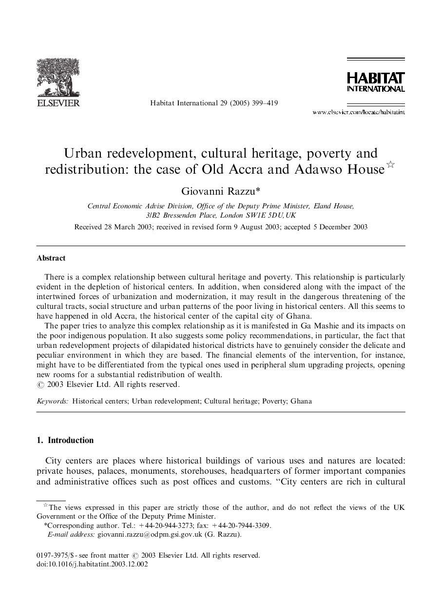 Urban redevelopment, cultural heritage, poverty and redistribution: the case of Old Accra and Adawso House