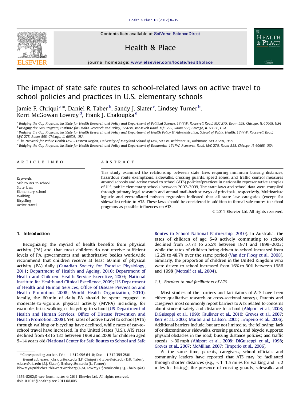 The impact of state safe routes to school-related laws on active travel to school policies and practices in U.S. elementary schools