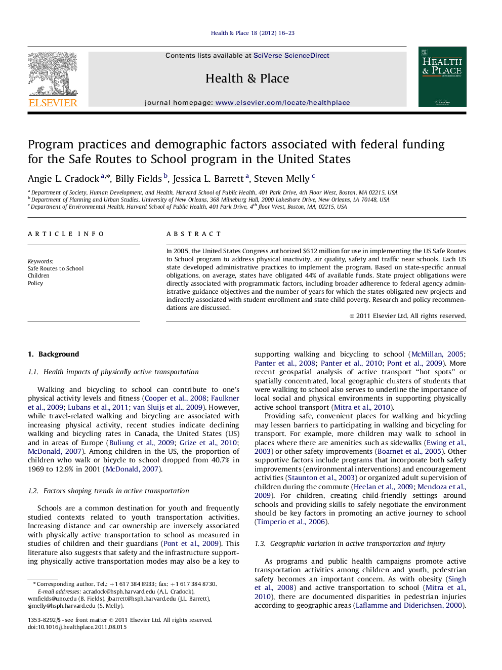 Program practices and demographic factors associated with federal funding for the Safe Routes to School program in the United States