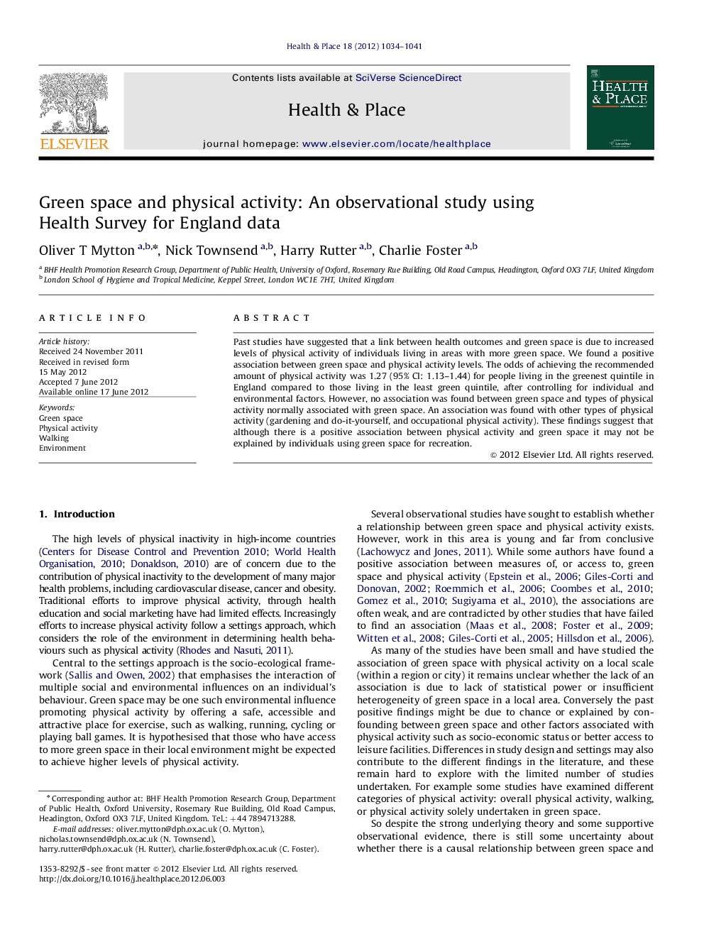 Green space and physical activity: An observational study using Health Survey for England data