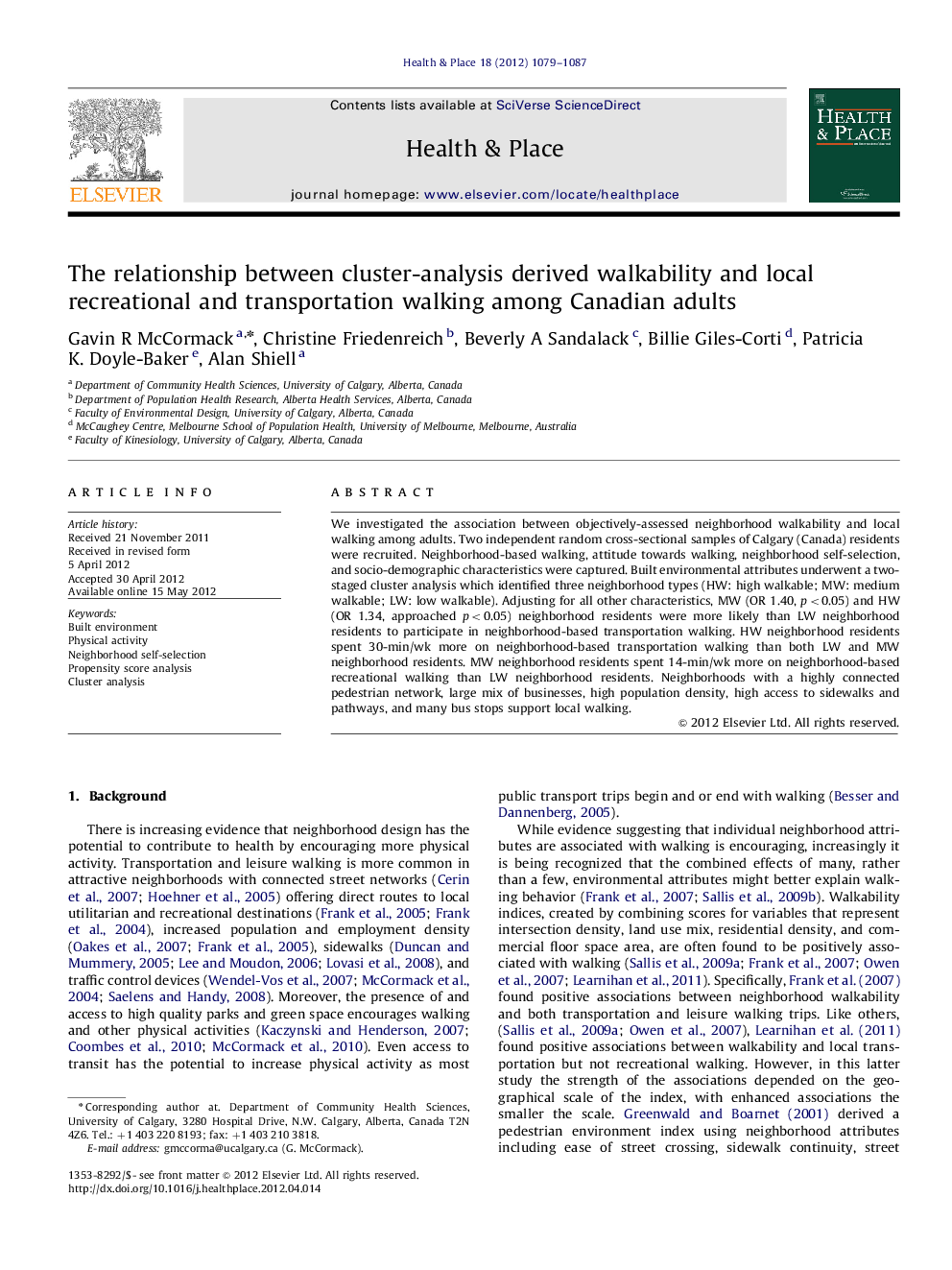 The relationship between cluster-analysis derived walkability and local recreational and transportation walking among Canadian adults