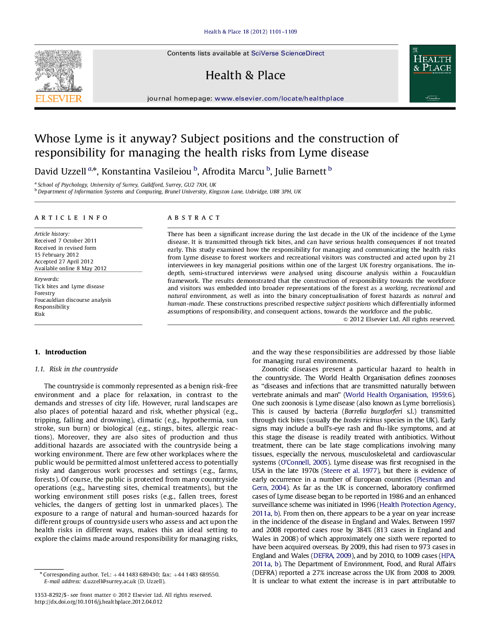 Whose Lyme is it anyway? Subject positions and the construction of responsibility for managing the health risks from Lyme disease