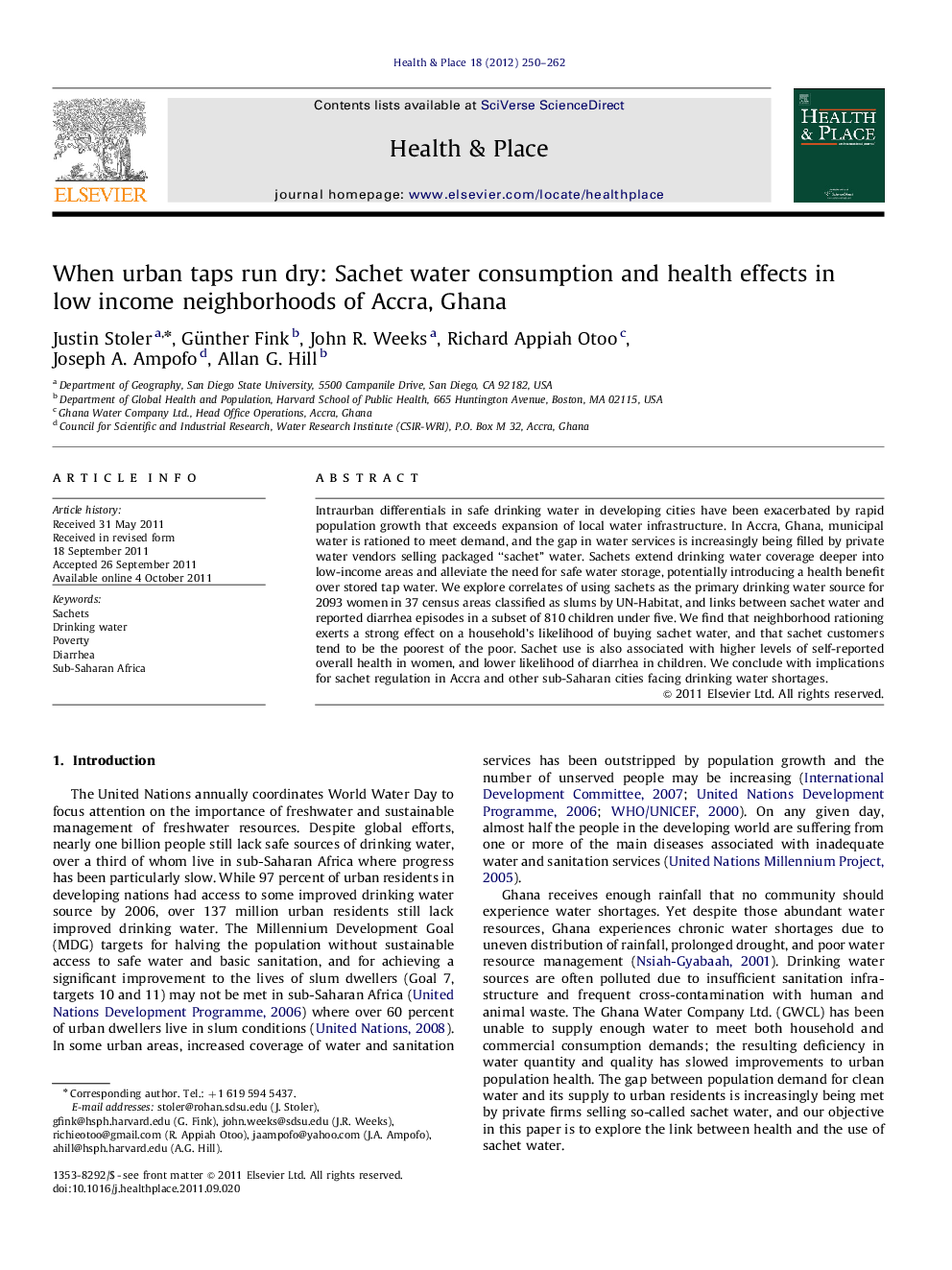 When urban taps run dry: Sachet water consumption and health effects in low income neighborhoods of Accra, Ghana