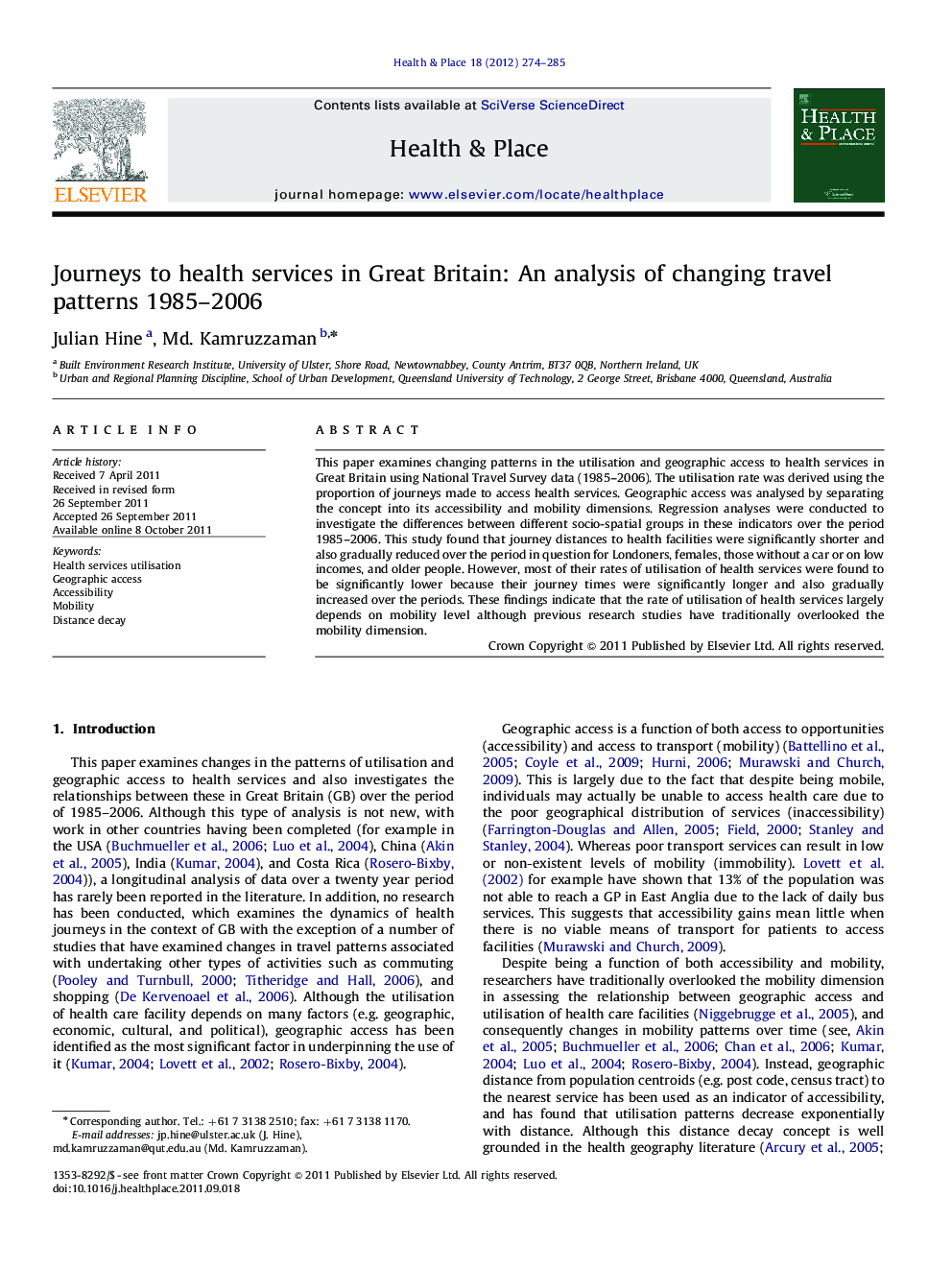 Journeys to health services in Great Britain: An analysis of changing travel patterns 1985-2006