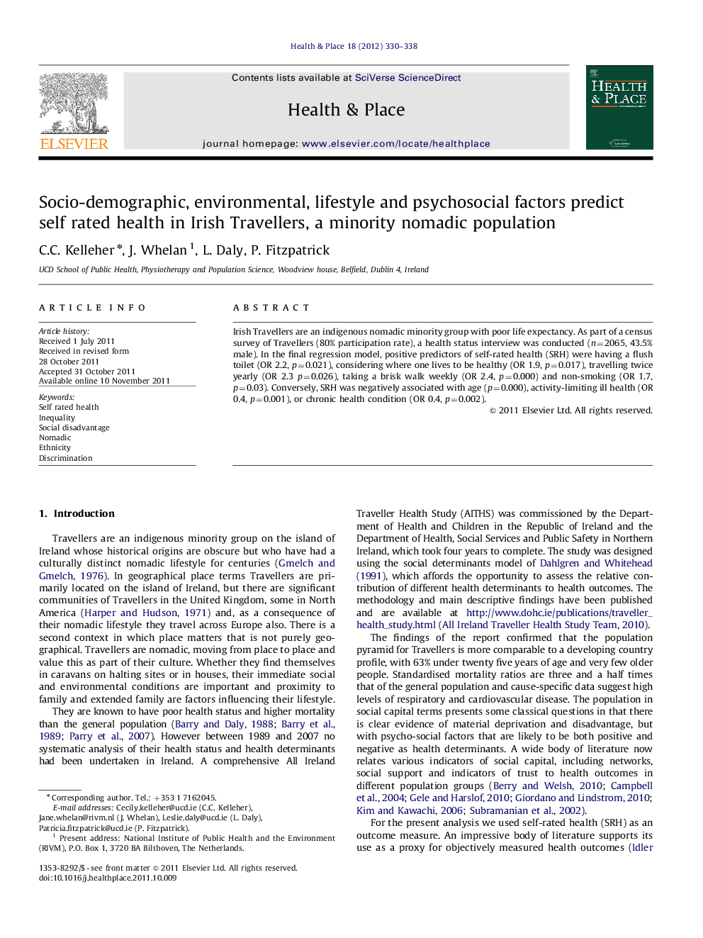 Socio-demographic, environmental, lifestyle and psychosocial factors predict self rated health in Irish Travellers, a minority nomadic population