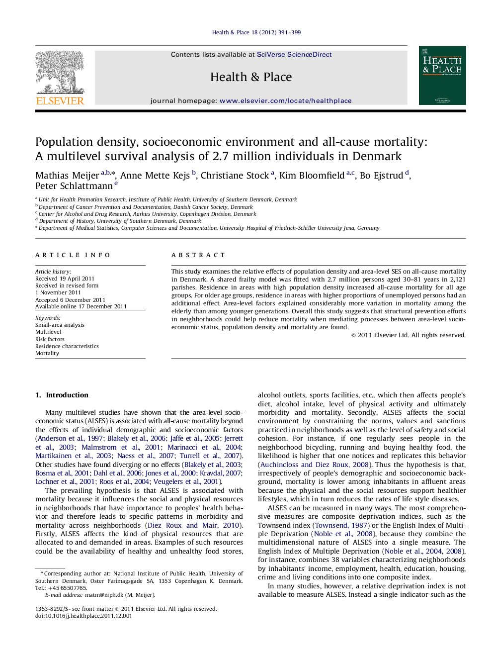 Population density, socioeconomic environment and all-cause mortality: A multilevel survival analysis of 2.7 million individuals in Denmark