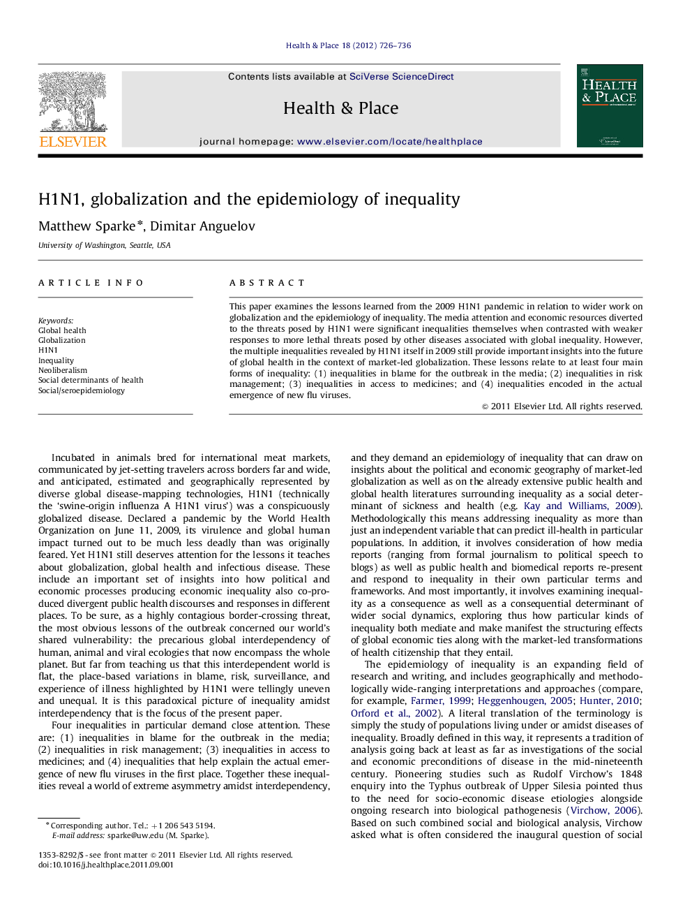 H1N1, globalization and the epidemiology of inequality