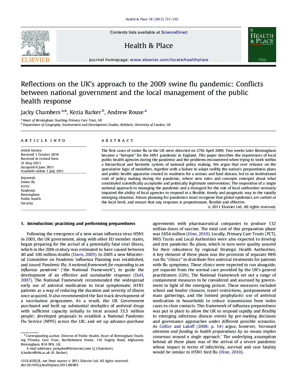 Reflections on the UK's approach to the 2009 swine flu pandemic: Conflicts between national government and the local management of the public health response