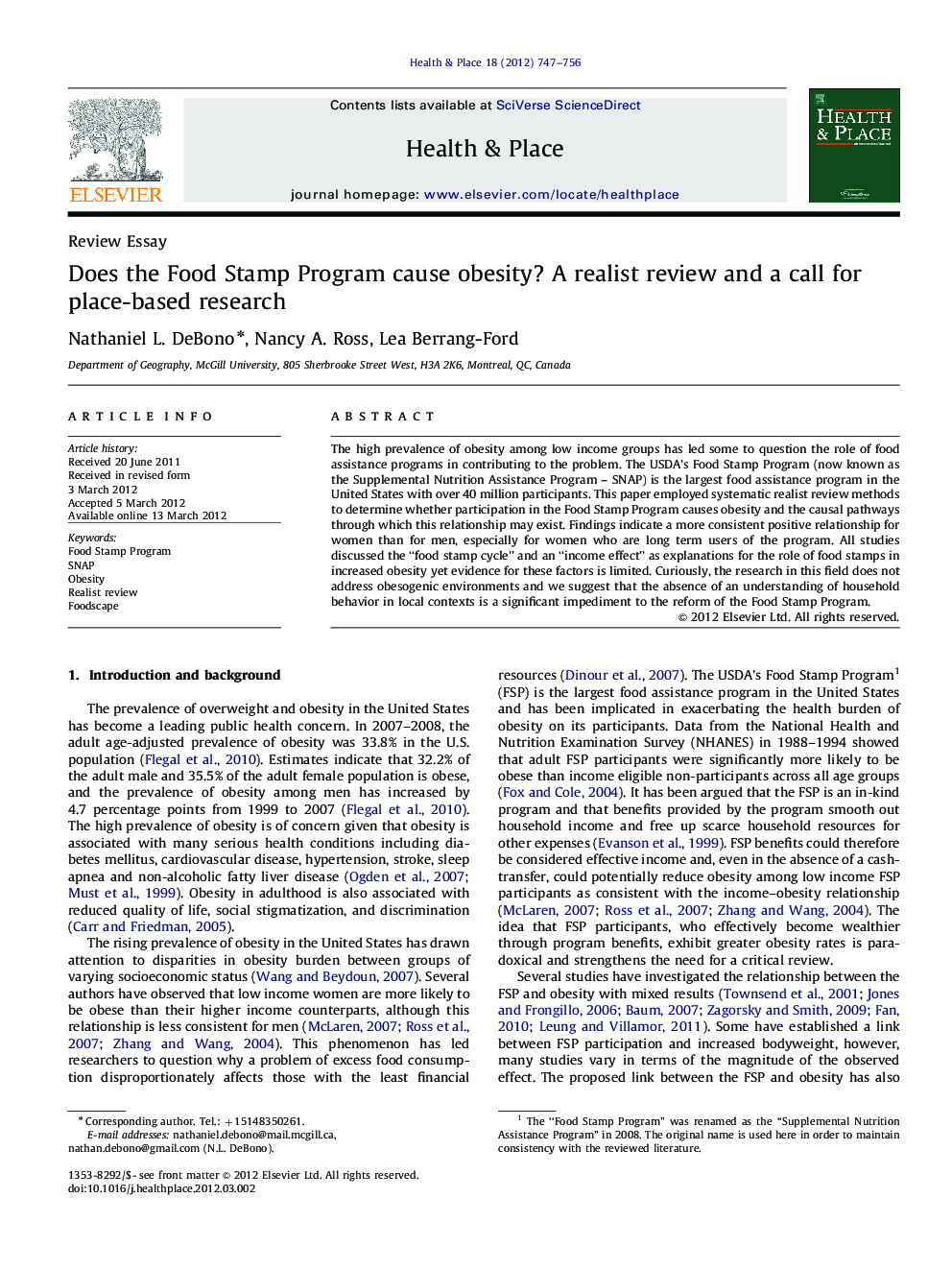 Does the Food Stamp Program cause obesity? A realist review and a call for place-based research