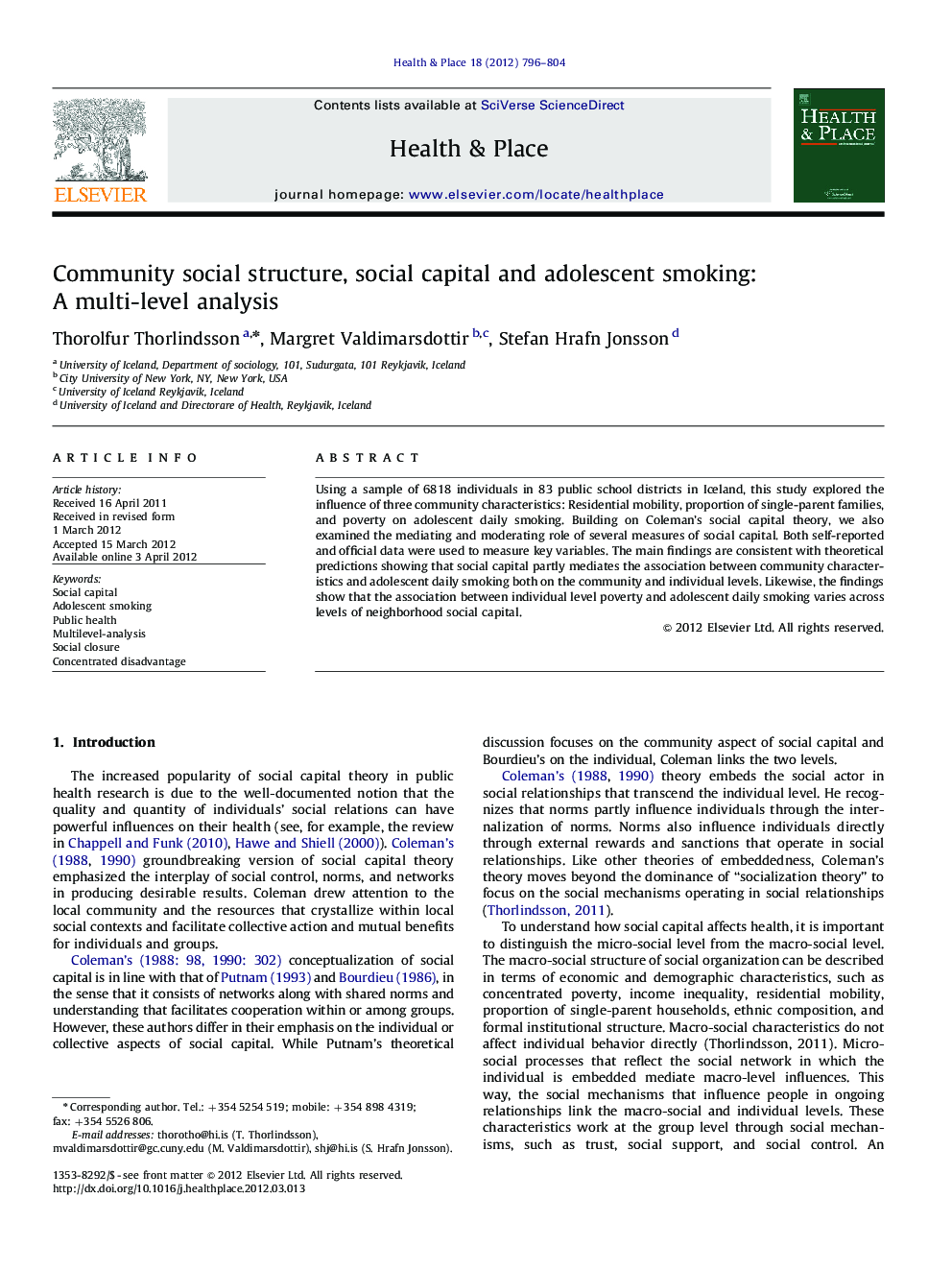 Community social structure, social capital and adolescent smoking: A multi-level analysis