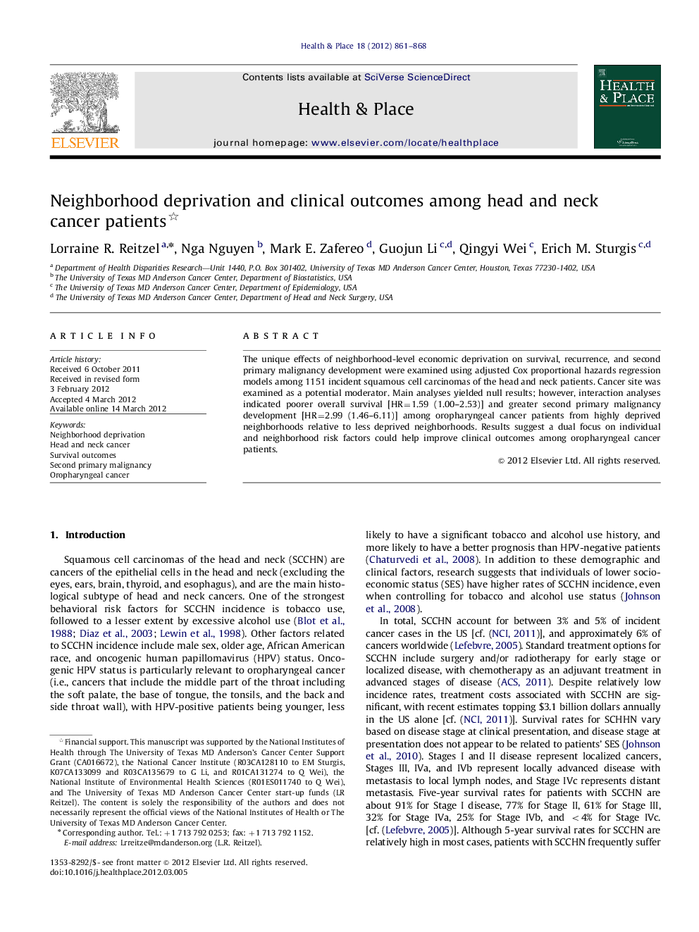 Neighborhood deprivation and clinical outcomes among head and neck cancer patients