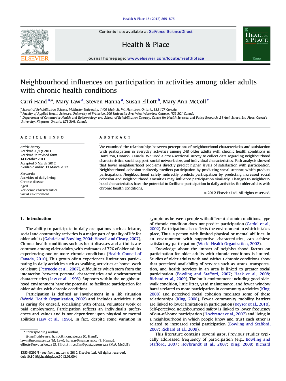 Neighbourhood influences on participation in activities among older adults with chronic health conditions