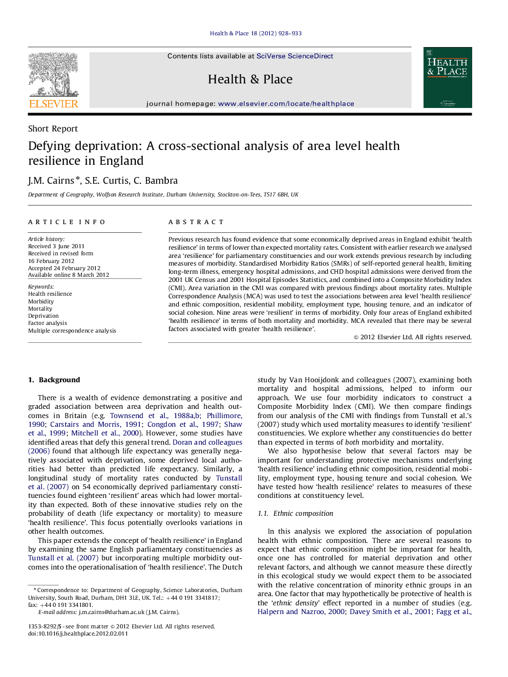 Defying deprivation: A cross-sectional analysis of area level health resilience in England