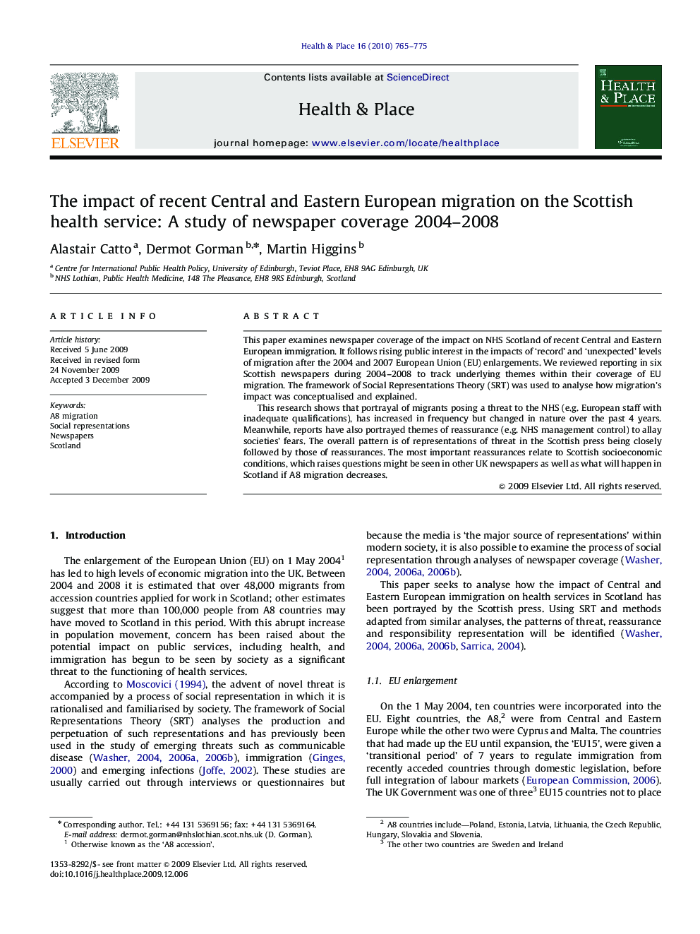 The impact of recent Central and Eastern European migration on the Scottish health service: A study of newspaper coverage 2004-2008