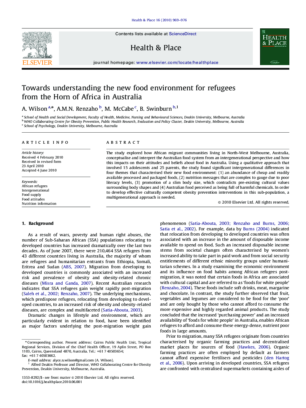 Towards understanding the new food environment for refugees from the Horn of Africa in Australia