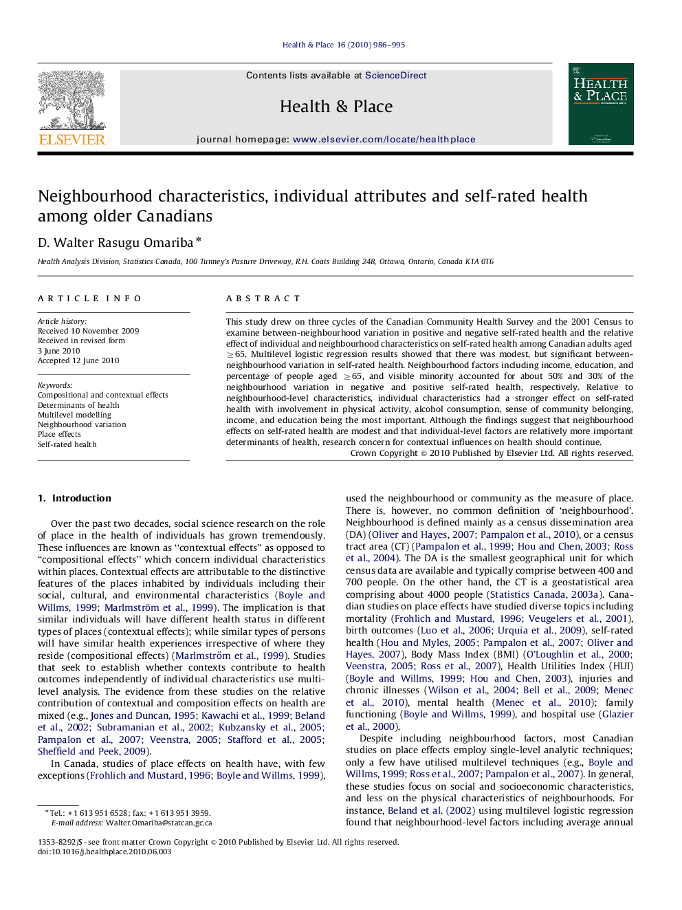 Neighbourhood characteristics, individual attributes and self-rated health among older Canadians