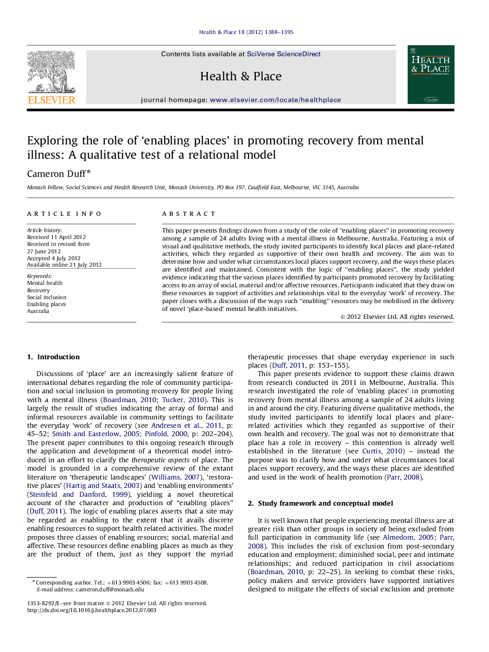 Exploring the role of 'enabling places' in promoting recovery from mental illness: A qualitative test of a relational model