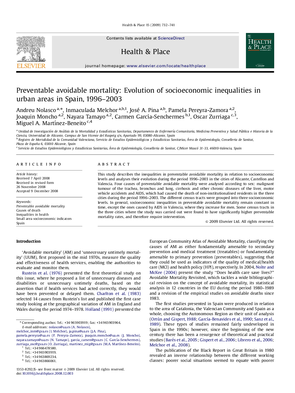 Preventable avoidable mortality: Evolution of socioeconomic inequalities in urban areas in Spain, 1996-2003