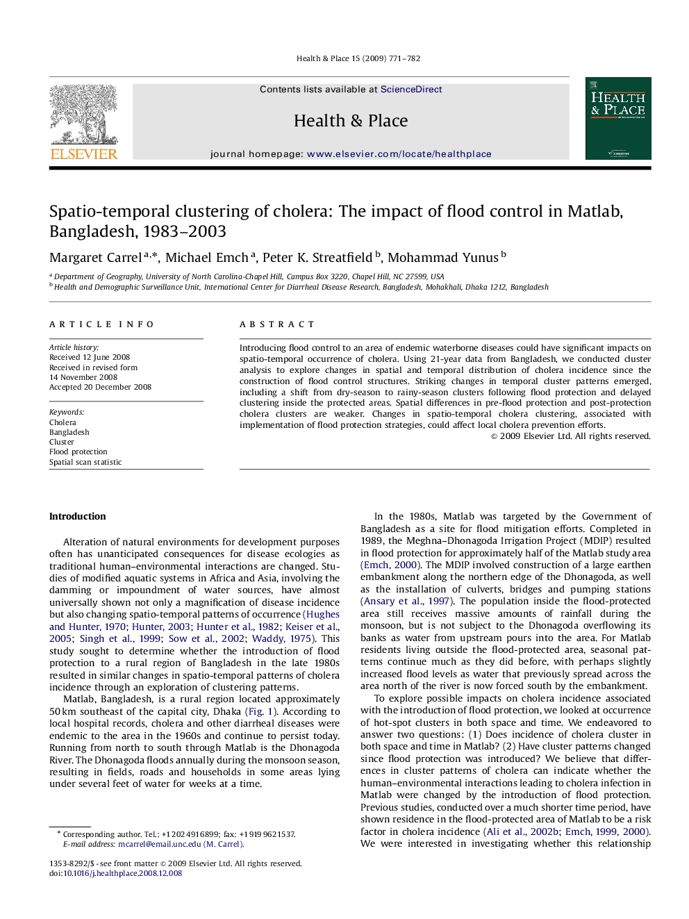 Spatio-temporal clustering of cholera: The impact of flood control in Matlab, Bangladesh, 1983-2003