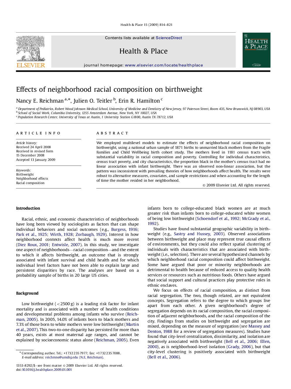 Effects of neighborhood racial composition on birthweight