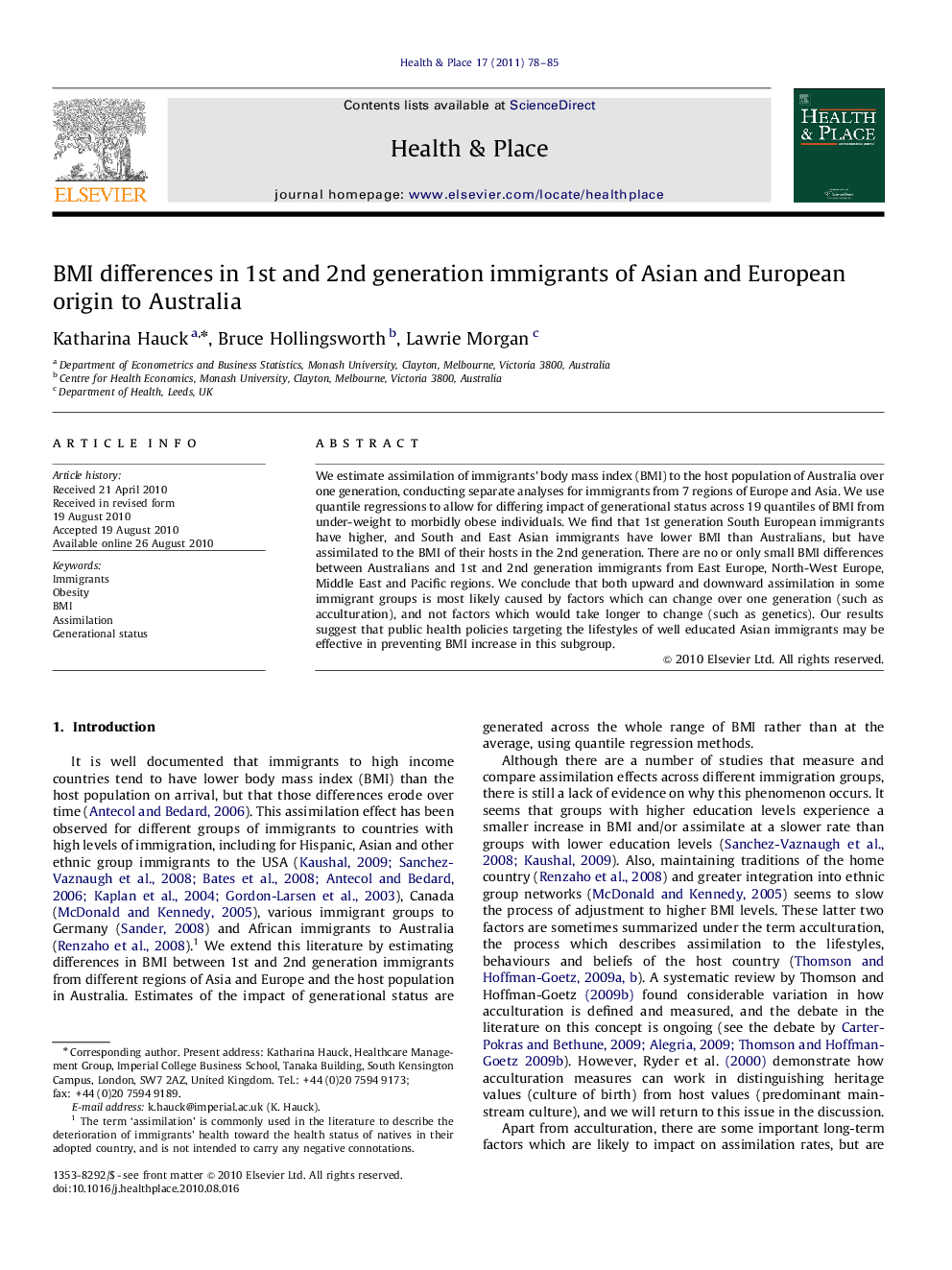 BMI differences in 1st and 2nd generation immigrants of Asian and European origin to Australia