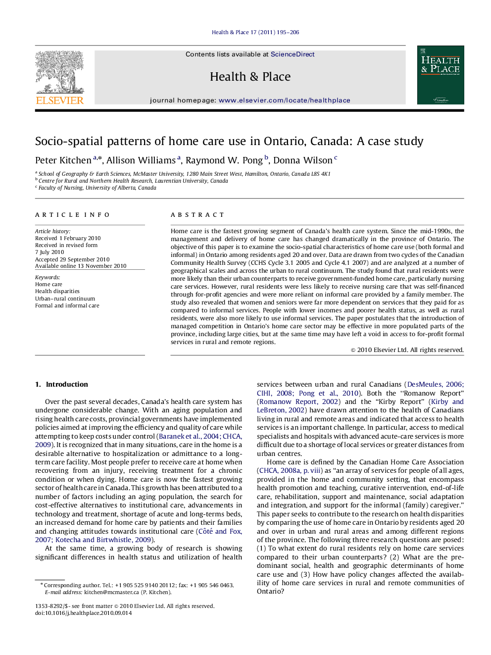 Socio-spatial patterns of home care use in Ontario, Canada: A case study