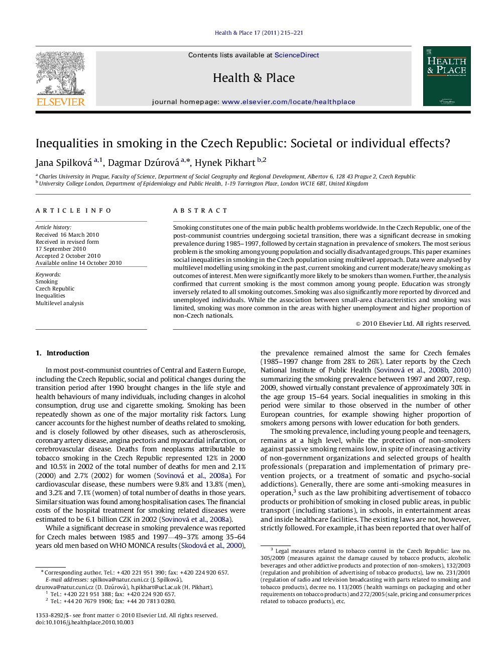 Inequalities in smoking in the Czech Republic: Societal or individual effects?