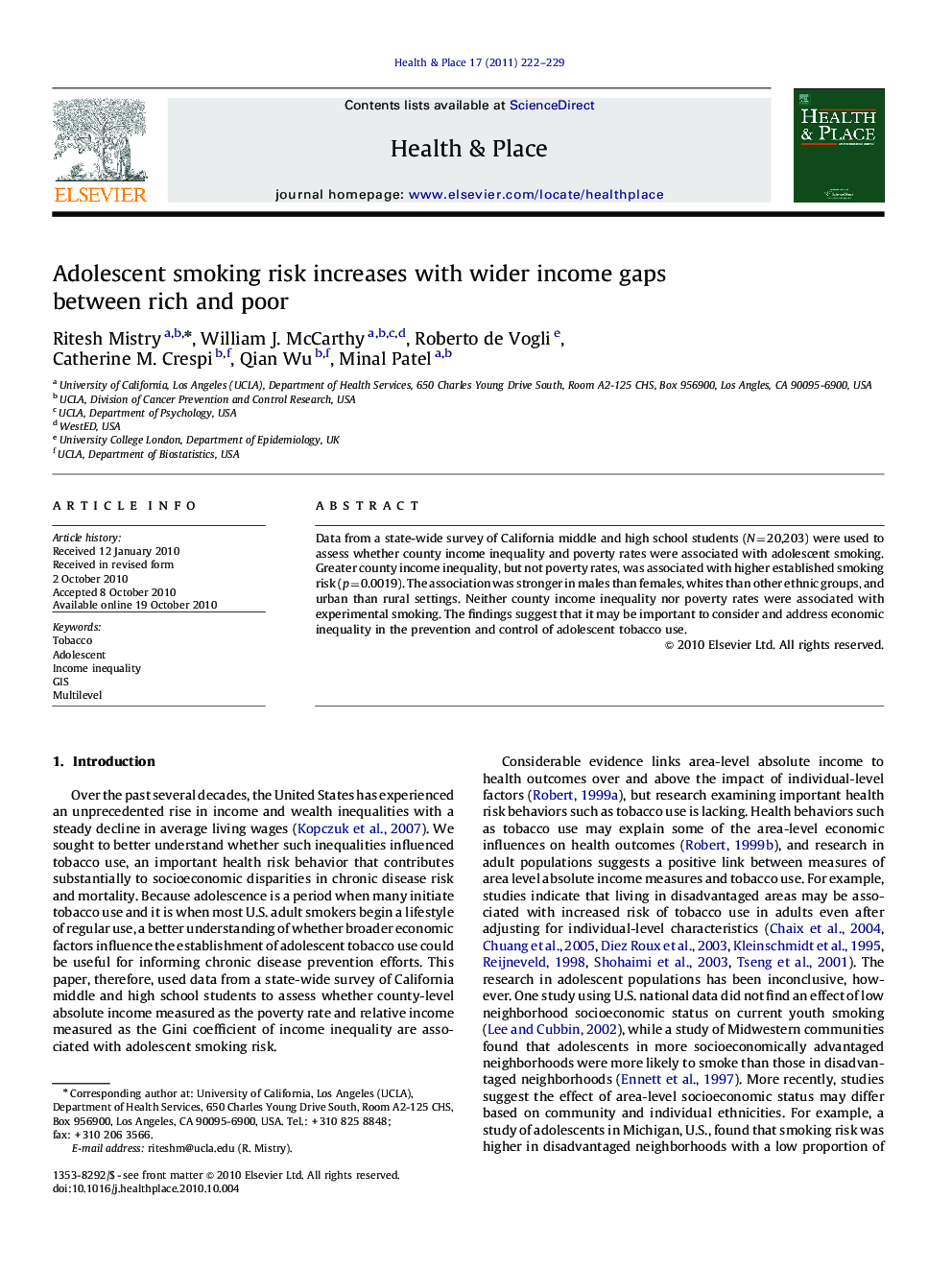 Adolescent smoking risk increases with wider income gaps between rich and poor