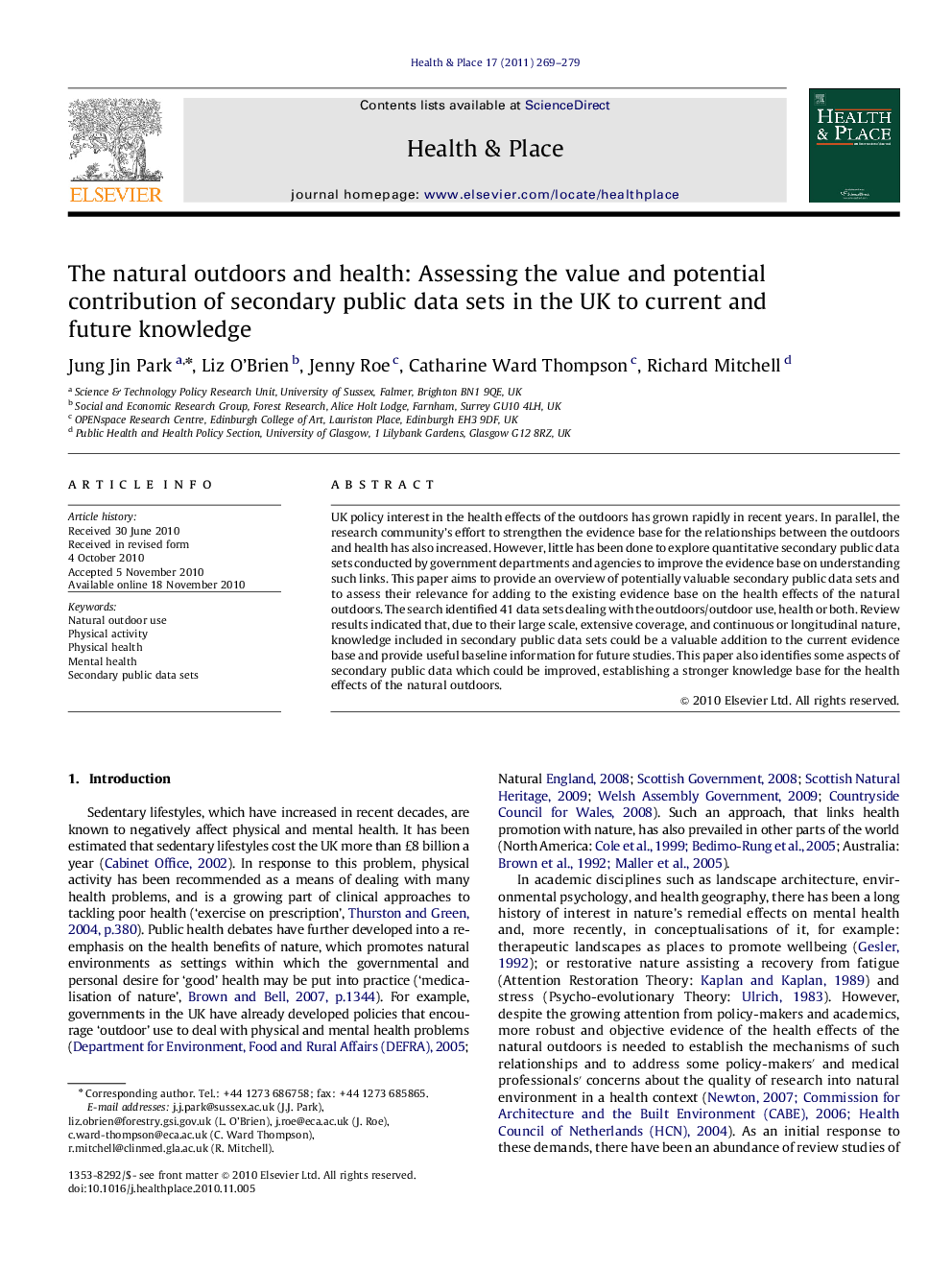 The natural outdoors and health: Assessing the value and potential contribution of secondary public data sets in the UK to current and future knowledge